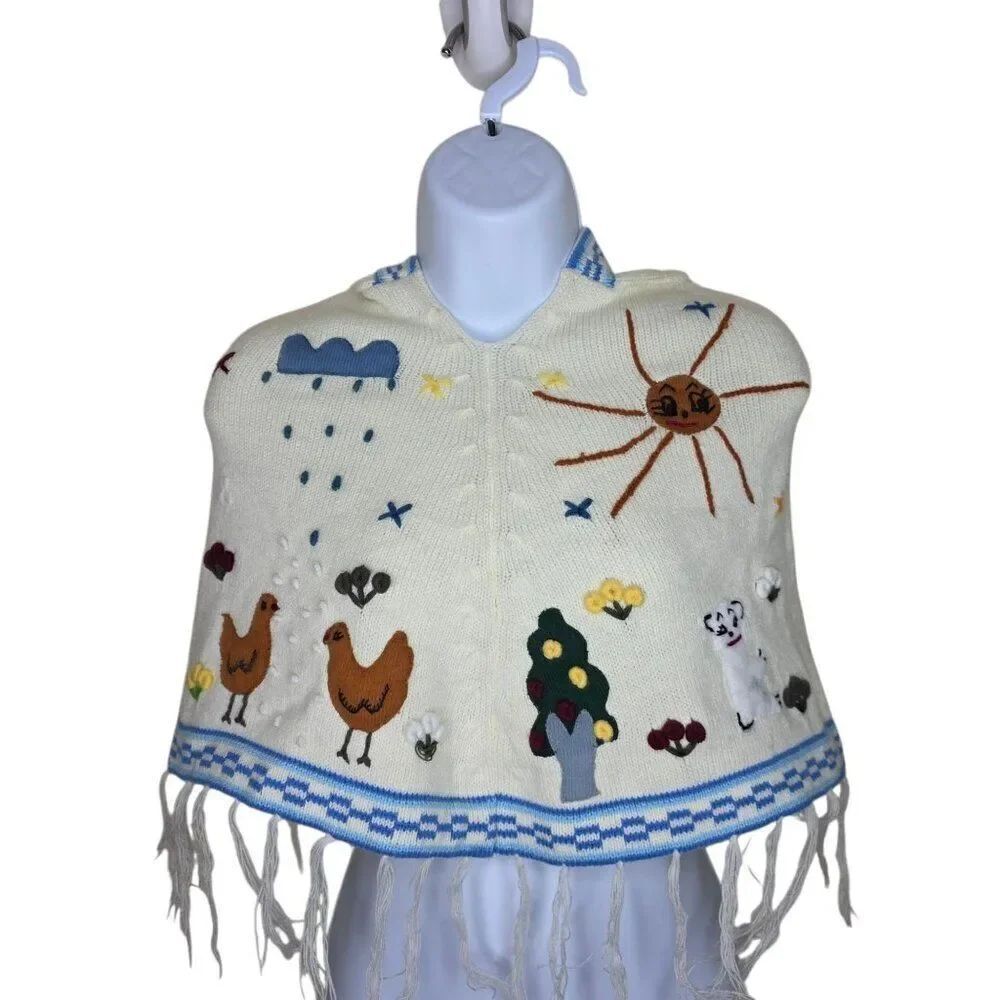 Vintage Peruvian Embroidered Hooded Animals Poncho Girls M White